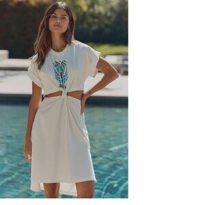 Anthropologie White Midi Dress with Blue & Green Floral Motif